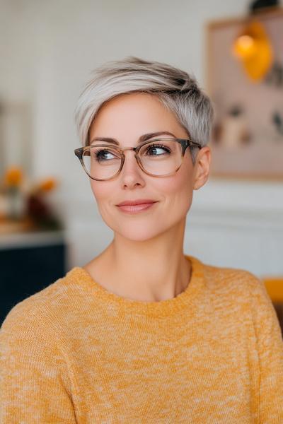 A woman with short, stylish, silver pixie cut and glasses, wearing a yellow jumper and looking to the side.