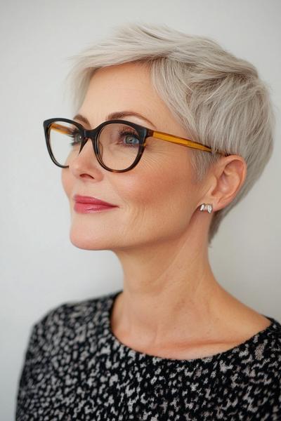 An elegant older lady with glasses wears a stylish, short pixie cut with silver-blonde hair.