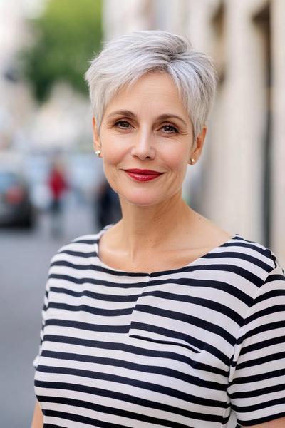 A woman with a short, choppy hairstyle with a silver-grey colour, wearing a black and white striped top.