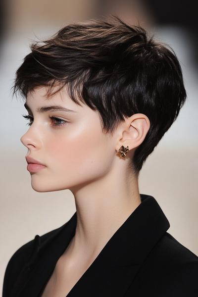 A woman with a sleek, dark undercut pixie hairstyle featuring short, textured layers on top and closely trimmed sides.