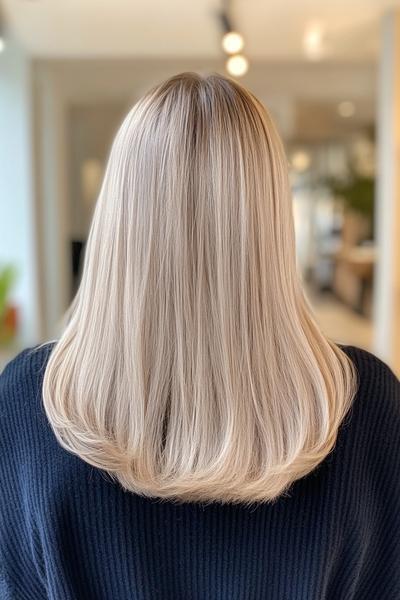 A woman with light ash blonde hair is styled in a sleek, straight, shoulder-length cut with subtle layers at the ends.