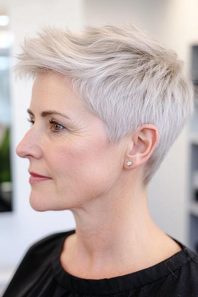 A woman with a stylish, short, layered pixie haircut, featuring a neat, side-swept fringe and silver-grey hair colour.