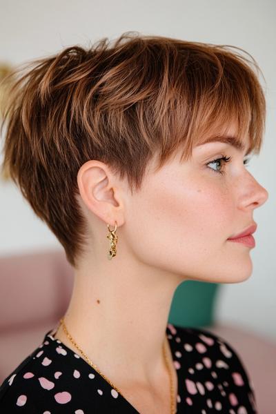 A close-up side profile of a woman with a textured, choppy undercut pixie haircut and golden earrings.