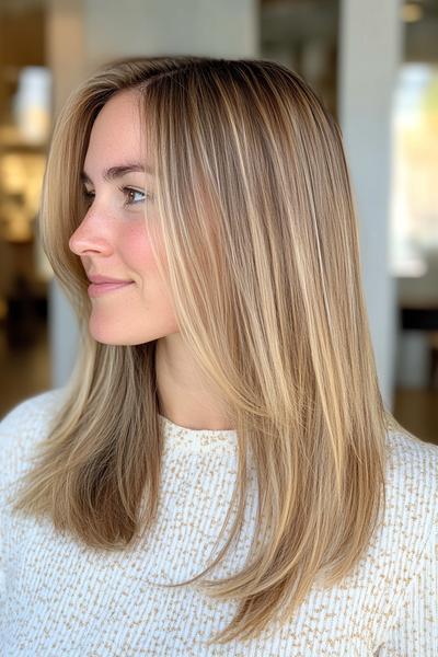 A woman with straight, blonde hair featuring dark brown streaks throughout, styled with a centre parting.