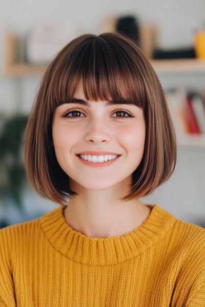 A woman with a classic bob hairstyle, featuring a straight fringe and smooth, chin-length hair, wears a mustard yellow jumper and smiles warmly.