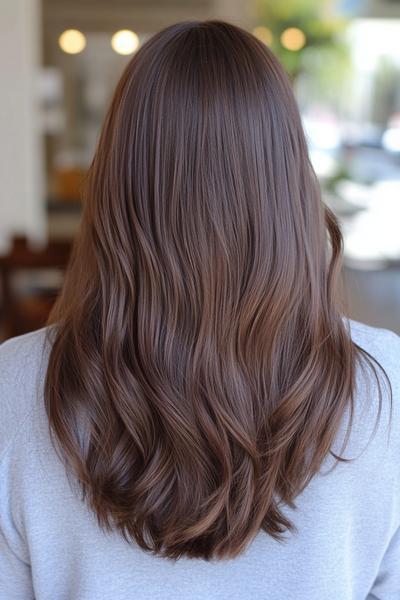 A person with long, wavy dark brown hair cascading down their back.