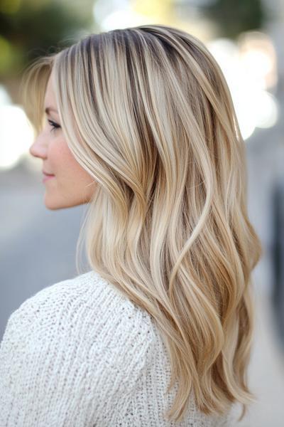 Blonde hair with subtle dark brown streaks cascading in soft waves, creating a natural, sun-kissed look.