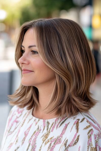 A woman with shoulder-length, softly layered hair styled in loose waves and parted in the middle.