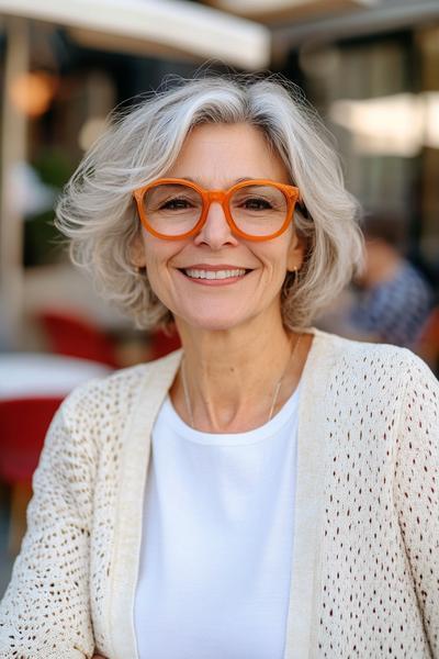 A woman with short, wavy grey hair styled in a layered bob, wearing orange glasses and a white top under a light knitted cardigan.