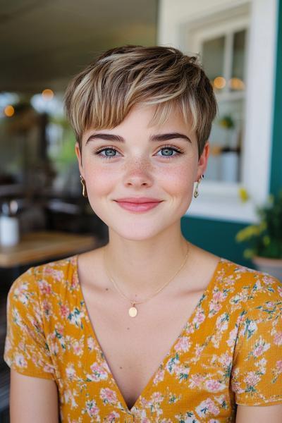 A young woman with a short, textured undercut pixie haircut, featuring longer layers on top and closely cropped sides, smiles while wearing a floral dress.