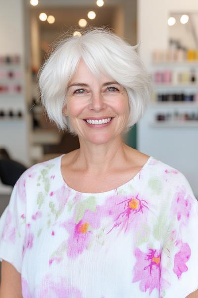 A smiling woman with a short, layered, wispy white haircut that frames her face, suitable for easy maintenance and wear.