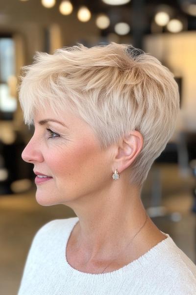 A woman with short, choppy, platinum blonde hair styled in a modern, textured pixie cut appropriate for those over 70.