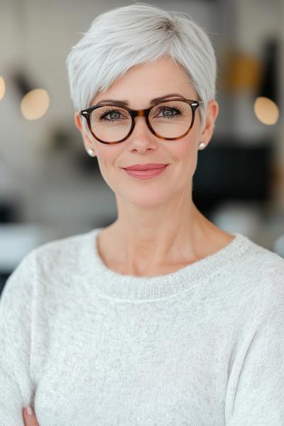 An older woman with short, silver pixie cut hair and glasses smiles while wearing a light sweater.