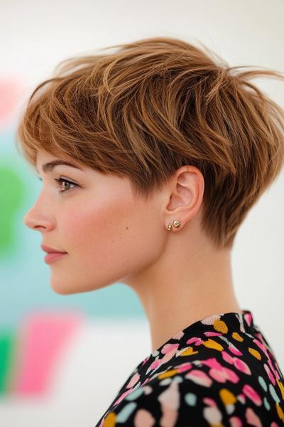 A woman with a stylish undercut pixie haircut, featuring longer, tousled layers on top and closely cropped sides and back.