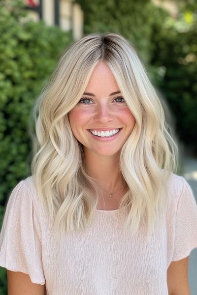 A woman with light ash blonde hair styled in soft, loose waves reaching just below the shoulders, with a centre parting.