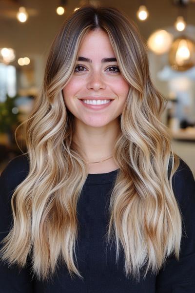 A woman with long, wavy blonde hair featuring dark brown streaks and a centre parting, smiling in a well-lit indoor setting.