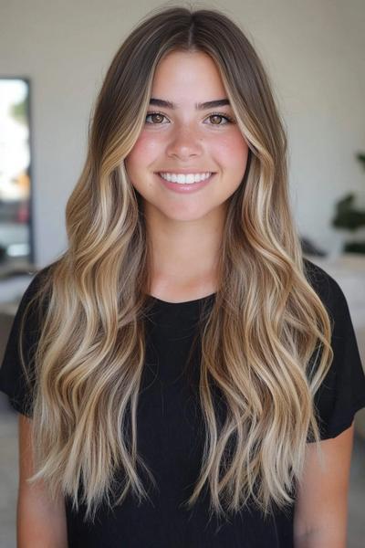 A woman with long blonde hair featuring dark brown streaks and soft, wavy layers, wearing a black top and smiling.