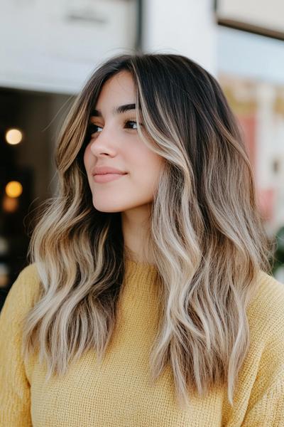 A woman with long, wavy black hair featuring blonde highlights is looking to the side, wearing a yellow sweater.