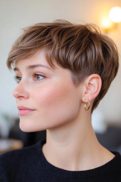 A stylish undercut pixie hairstyle featuring short, neatly layered hair on the sides and back, with a slightly longer, textured top.