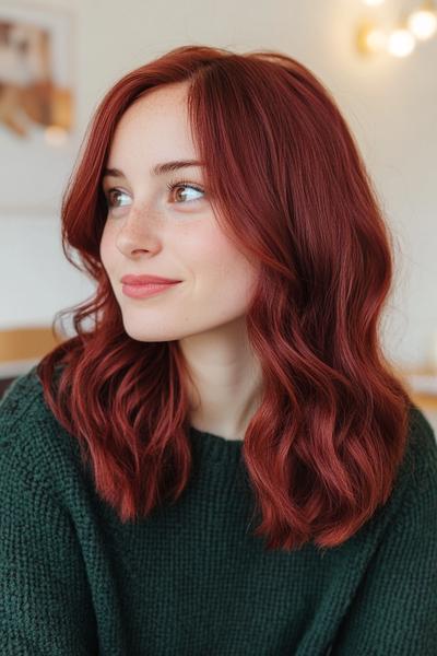 A woman with wavy, shoulder-length, dark burgundy red hair styled in loose waves.