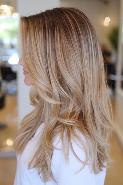 Blonde hair with flowing, soft waves is enhanced by dark brown streaks, giving it depth and dimension.