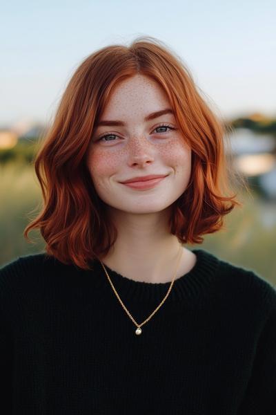 A woman with dark auburn, shoulder-length wavy hair is smiling while outdoors, wearing a black sweater and a gold necklace.