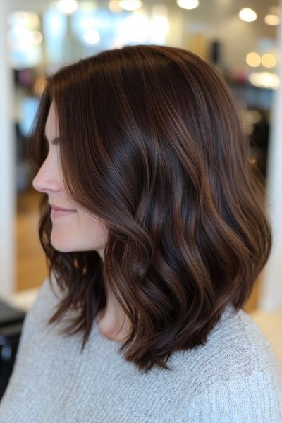 A side view of a woman with shoulder-length, wavy, dark chocolate brown hair, styled in loose curls.