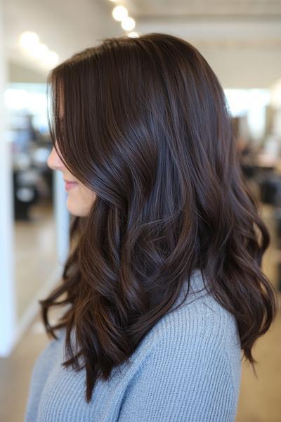 A side view of a person with long, dark brown, wavy hair cascading over their shoulders in a loose, natural style.