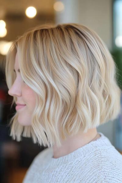 A side profile of a woman with a wavy blonde bob haircut, featuring smooth curls and a length that skims just above the shoulders.