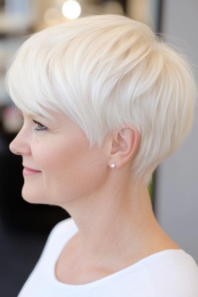 A woman with light blonde hair styled in a short, choppy cut with side-swept bangs.