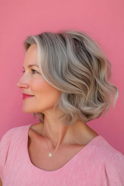 A woman with a medium length, wavy, silver hairstyle is shown in profile, against a pink background.