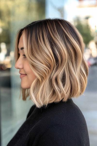 Woman with a short bob hairstyle featuring black hair with blonde highlights.