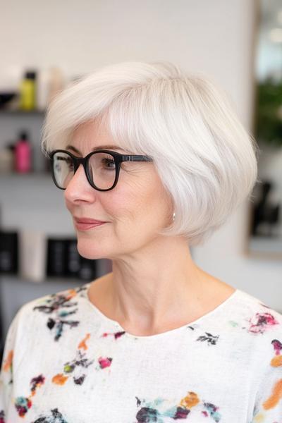 A stylish woman with short, layered, white hair and glasses, showcasing a wash-and-wear haircut ideal for those over 60.