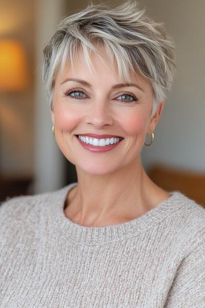 A woman with short, layered, grey hair styled in a pixie cut.