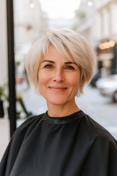 A woman with a short, choppy hairstyle featuring soft, layered bangs and a light blonde colour, standing indoors with a blurred street background.