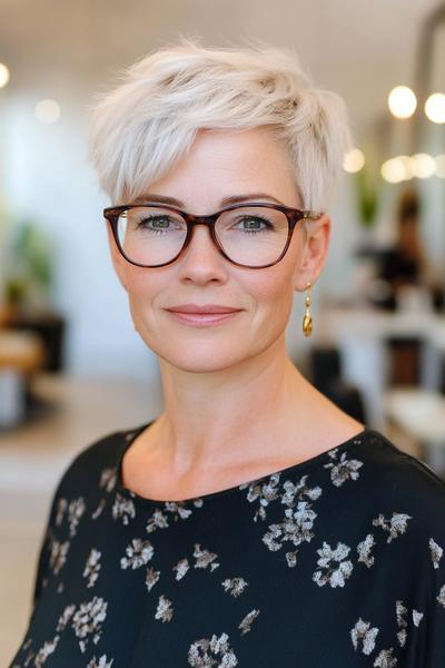 A stylish older woman with short, layered platinum blonde pixie cut and wearing fashionable glasses.