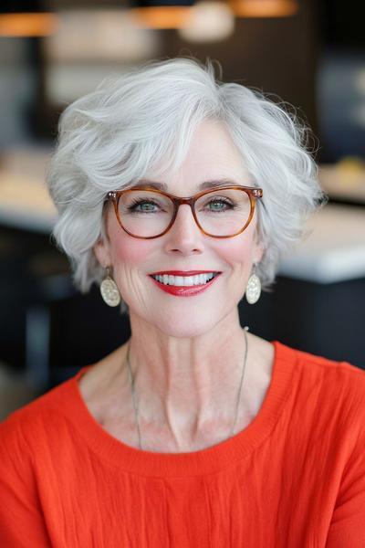 A stylish older woman with white, wavy hair in a voluminous bob cut, wearing glasses and a bright red top, smiles confidently.