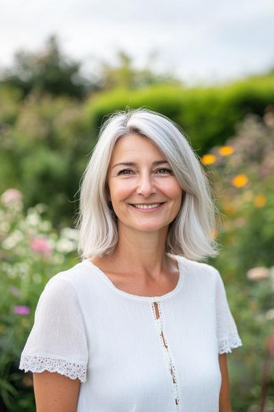 A woman with shoulder-length light ash blonde hair and a centre parting smiles outdoors in a garden setting.