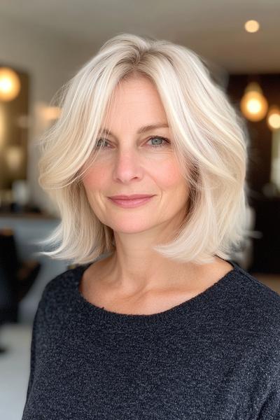 A mature woman with a shoulder-length, layered bob hairstyle featuring side-swept bangs and light blonde hair.