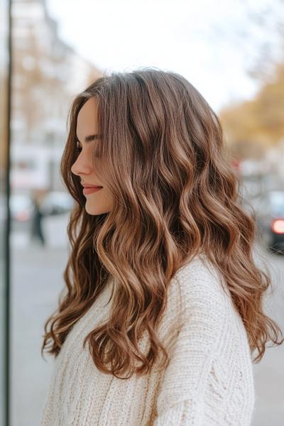 Woman with long, wavy dark brown hair styled in loose waves, wearing a white knitted sweater outdoors.