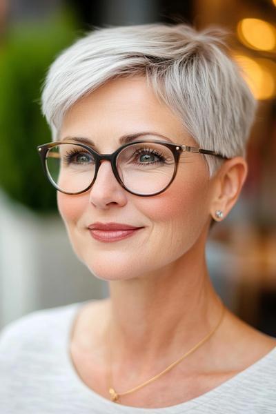 A stylish older lady with a short, silver pixie cut, wearing glasses and a subtle smile.