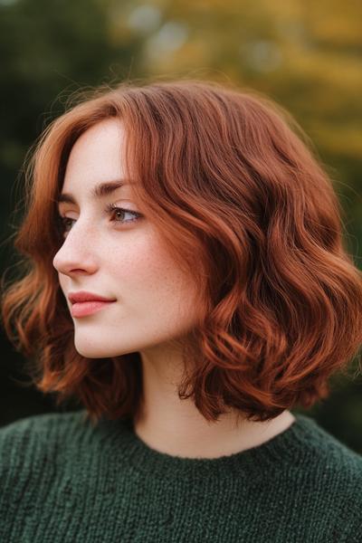 A woman with dark auburn, wavy bob haircut is shown against an outdoor backdrop.