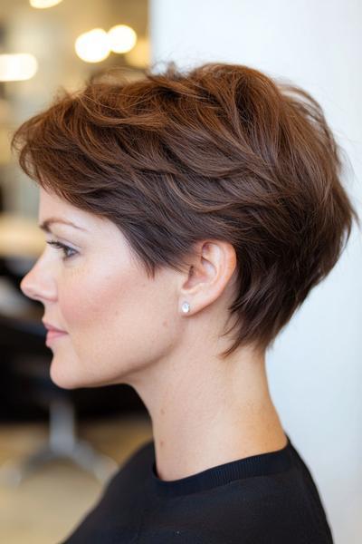 A woman with short, choppy, layered hairstyle, featuring side-swept bangs and slight volume at the crown.