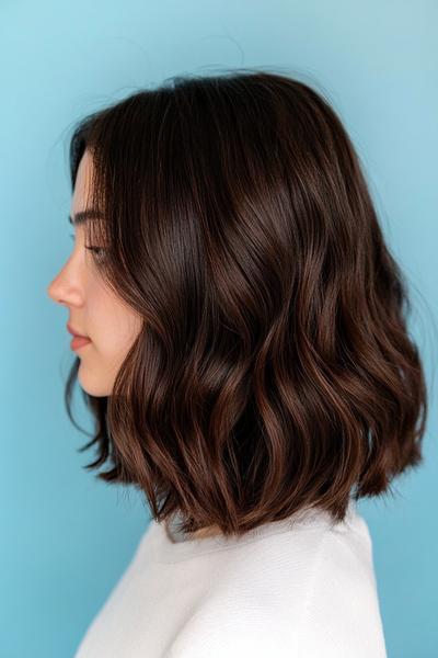 A side profile of a woman with dark chocolate brown hair styled in soft, shoulder-length waves.