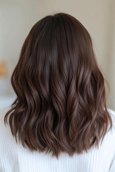 A woman with dark chocolate brown hair styled in soft, loose waves, falling just below the shoulders.