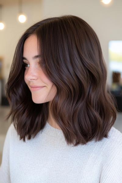 A woman with dark chocolate brown, wavy, shoulder-length hair is seen with a centre parting, creating a soft and voluminous hairstyle.