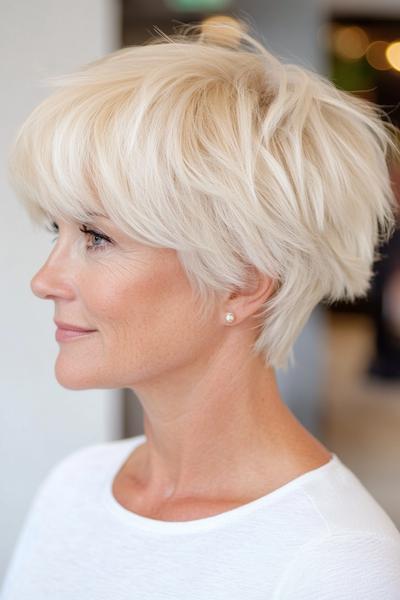 A woman with short, choppy, platinum blonde hair styled in a layered haircut.