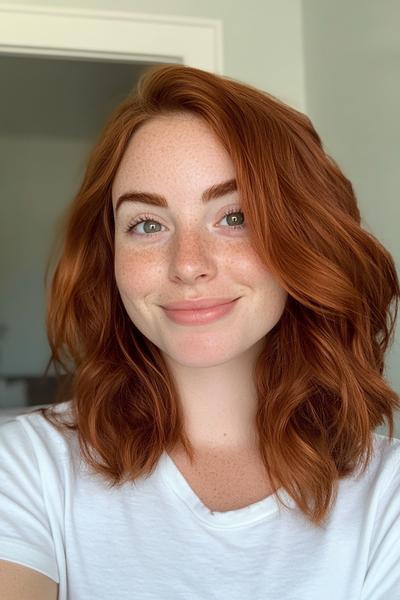 A woman with wavy, dark auburn hair shoulder-length hair is smiling and wearing a white top.