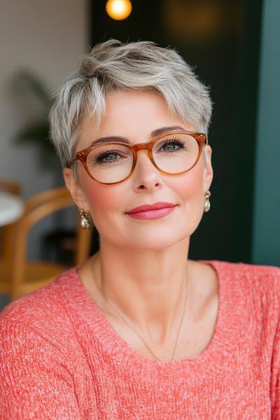 A stylish older lady with short, silver pixie cut hair and wearing trendy, round glasses, smiles gracefully in a cosy interior.