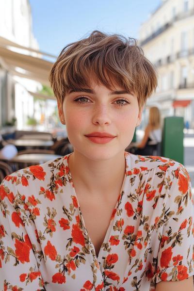 A woman with a short undercut pixie hairstyle and a floral blouse smiles while sitting in an outdoor setting.